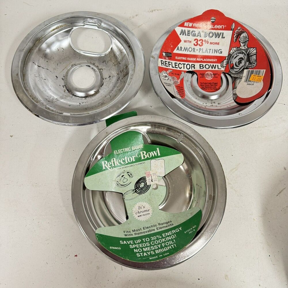 VTG SET THREE 6" Chrome GE Hotpoint Kenmore Reflector Drip Pans Range Kleen -HBN